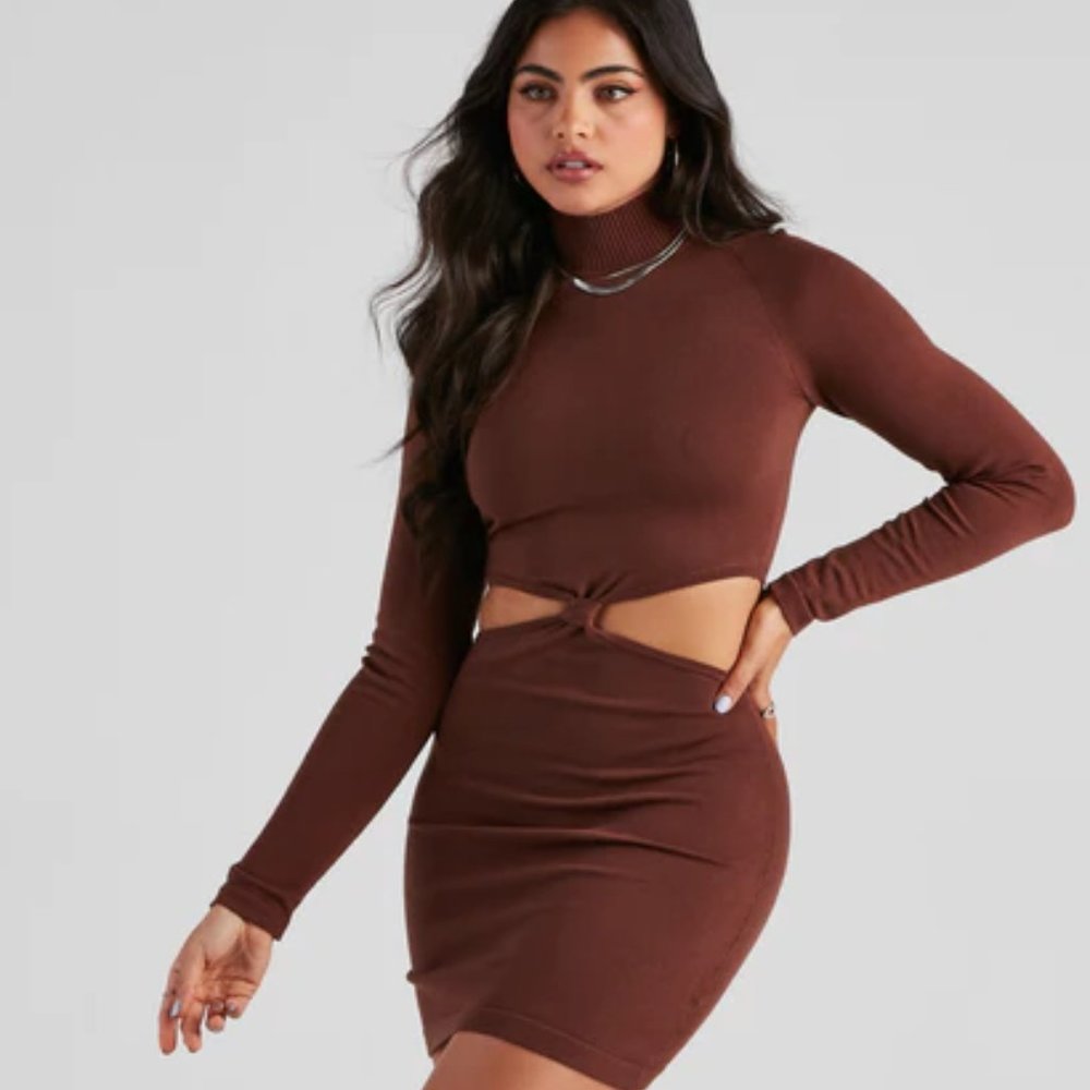 WINDSOR - NWT XS Elevated Cutout Mini Sweater Dress - Brown